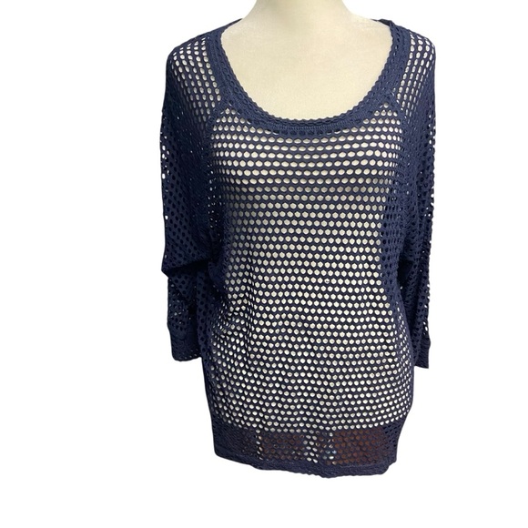 Bobeau Open Mesh Swim Cover Up Size M Navy Stretch Mesh 3/4 Raglan Sleeves Top - Picture 1 of 8
